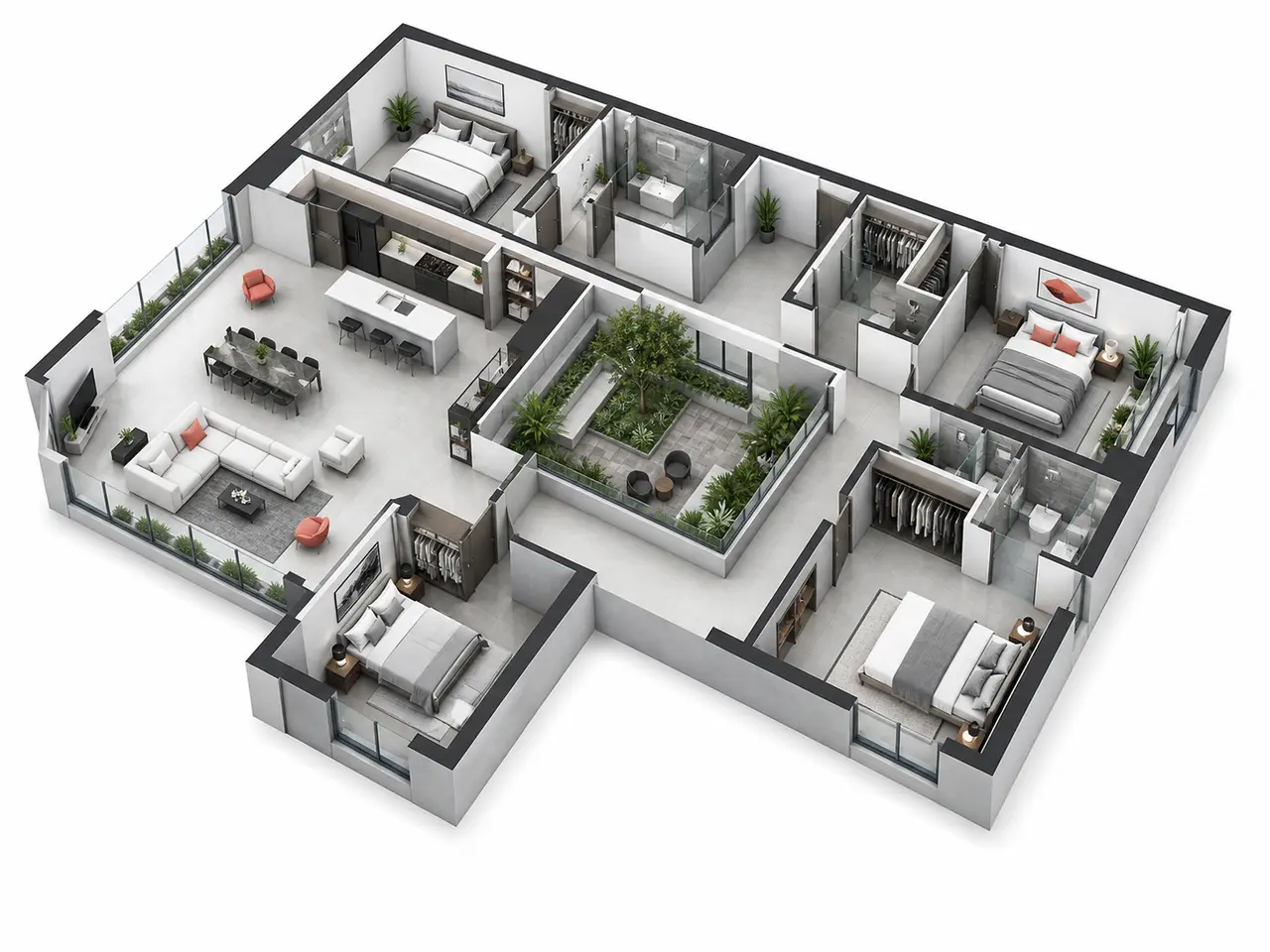 Generic four-bedroom apartment cutaway arranged around a planted internal court Generic four-bedroom apartment cutaway arranged around a planted internal court