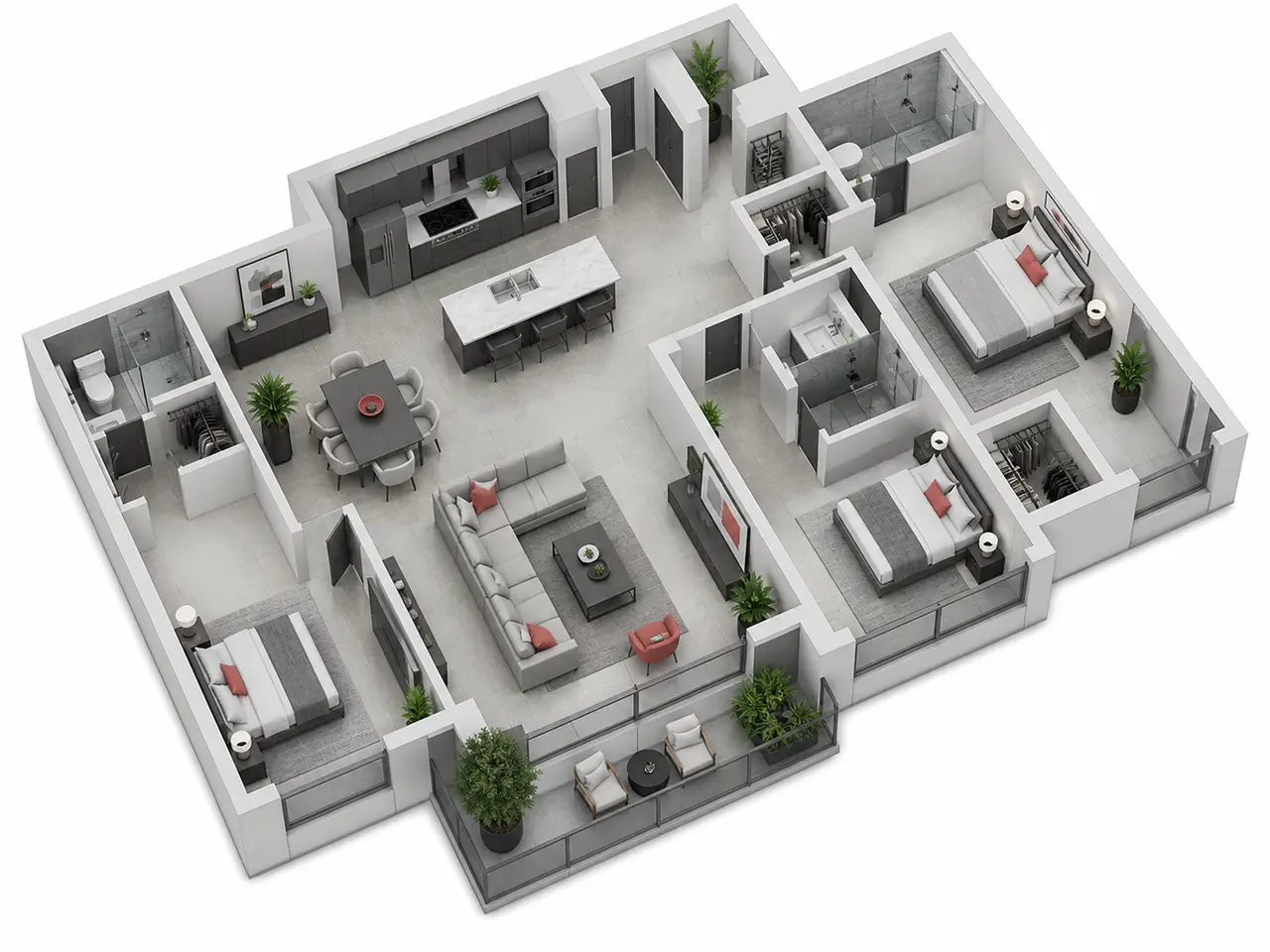 Generic three-bedroom apartment cutaway with living, dining and kitchen spaces Generic three-bedroom apartment cutaway with living, dining and kitchen spaces