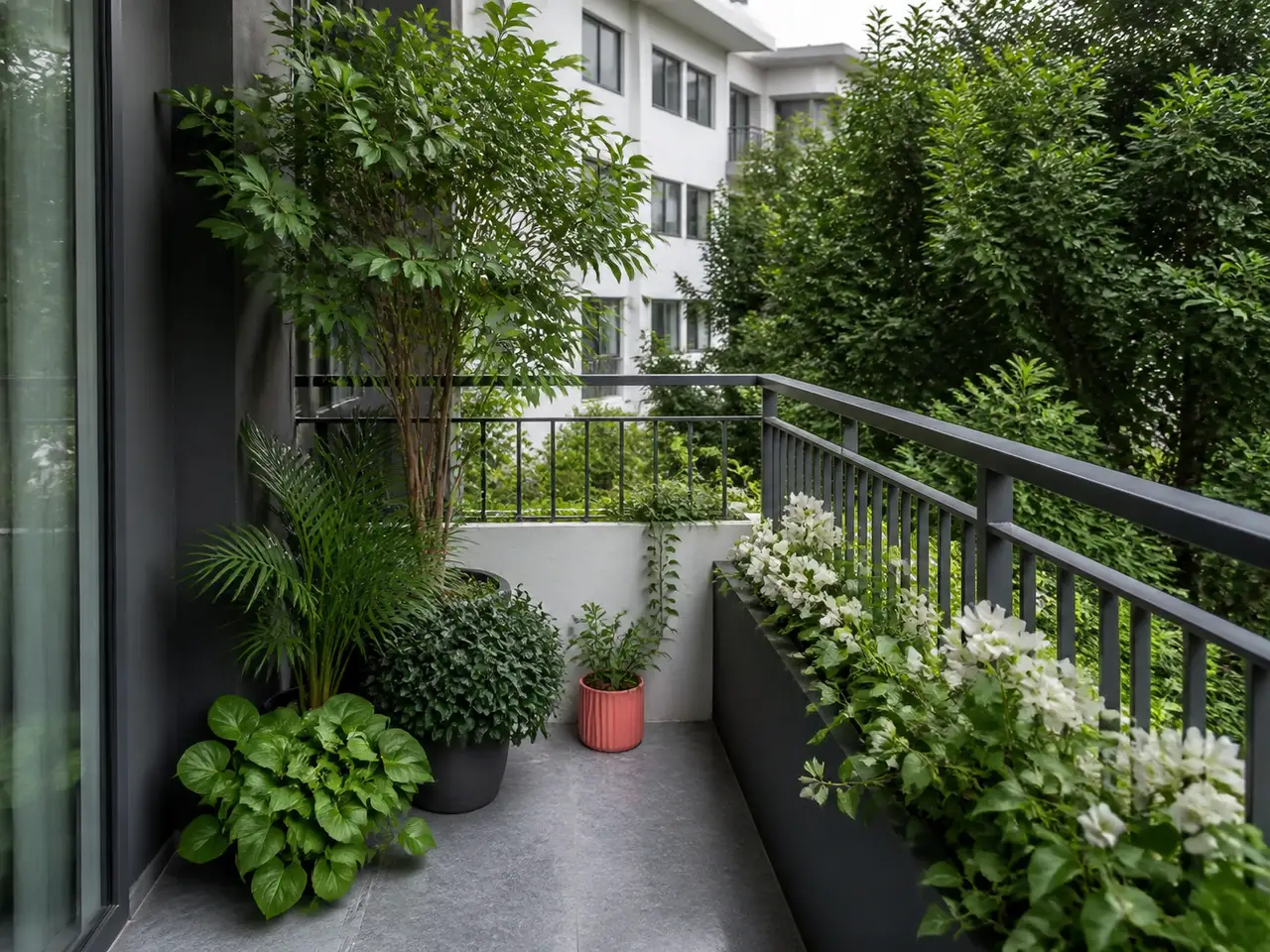 Planted contemporary apartment balcony with grey stone and charcoal metalwork