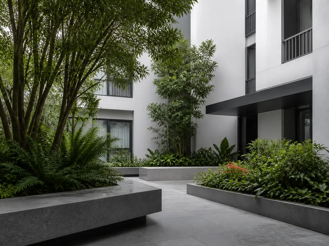 Quiet contemporary residential courtyard threshold with mature planting