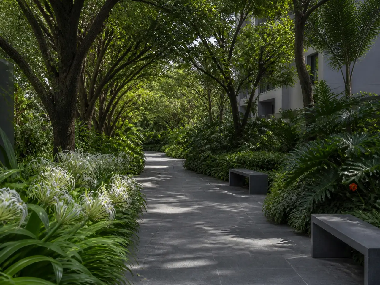Shaded garden walk beneath mature trees in a contemporary residential setting