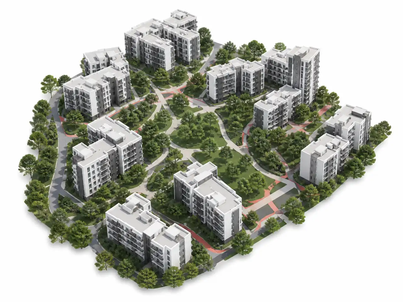 Generic 3D apartment-campus concept arranged around broad planted pedestrian spines